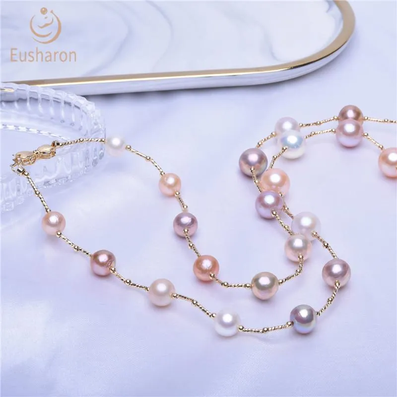 9-12mm Round Baroque Multicolor Edison Pearl Tin Cup Necklace