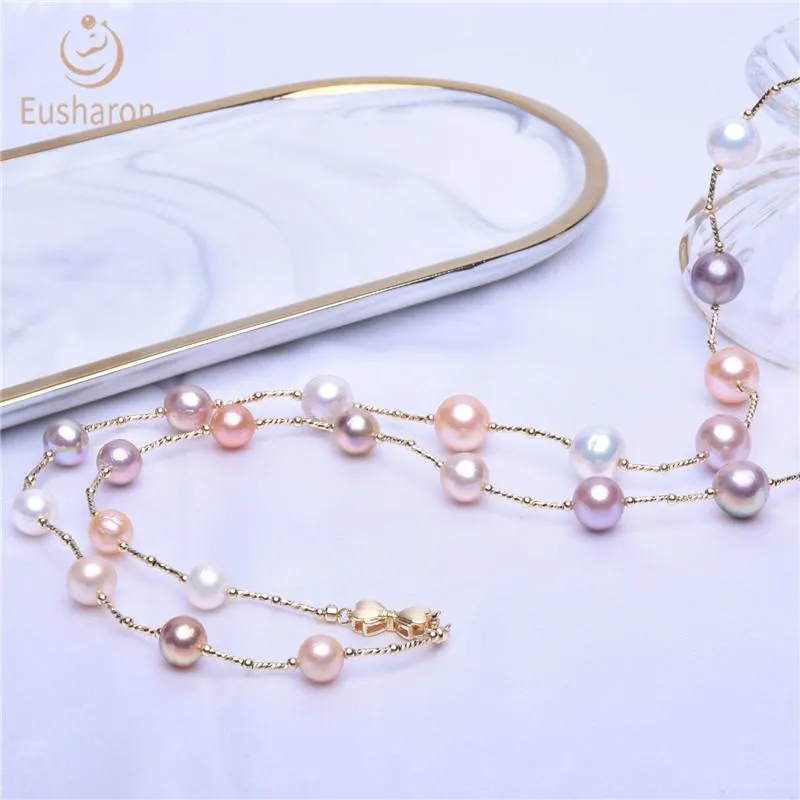 9-12mm Round Baroque Multicolor Edison Pearl Tin Cup Necklace