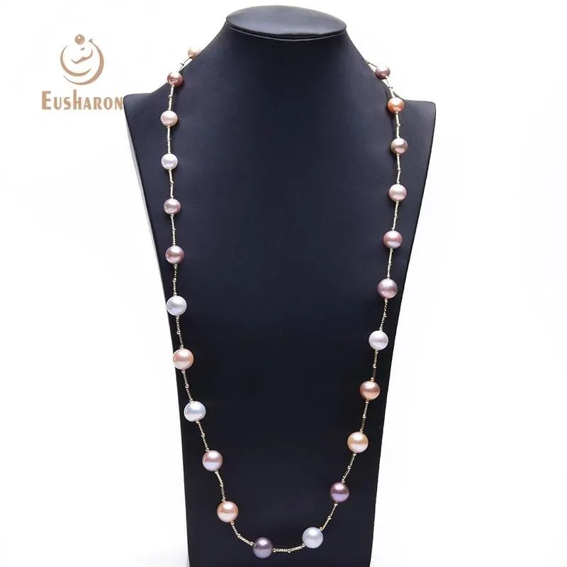 9-12mm Round Baroque Multicolor Edison Pearl Tin Cup Necklace