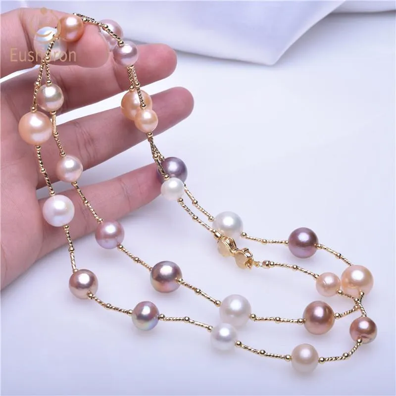 9-12mm Round Baroque Multicolor Edison Pearl Tin Cup Necklace