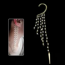 Antique Brass Finish Non-Piercing Earcuff Earwrap w/ Pearly Tassels