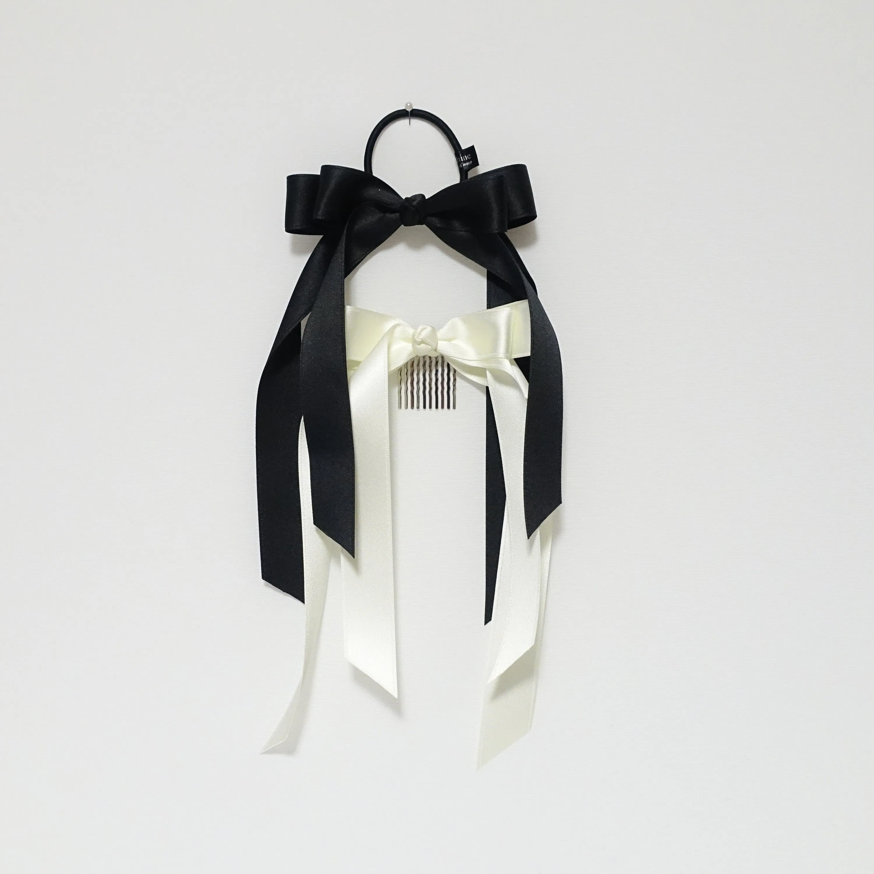 Black cream satin long tail bow hair elastic ponytail holder comb for women