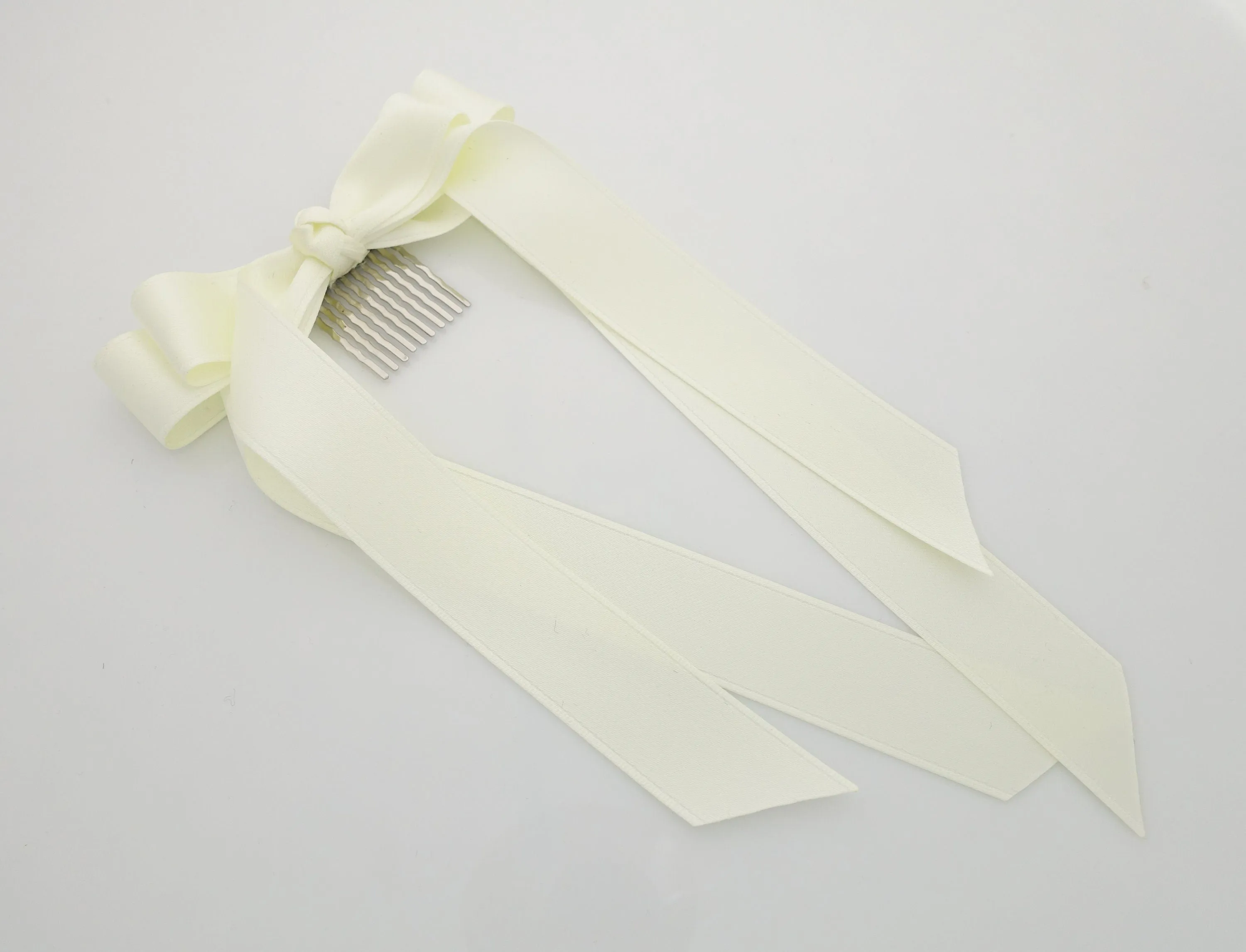 Black cream satin long tail bow hair elastic ponytail holder comb for women