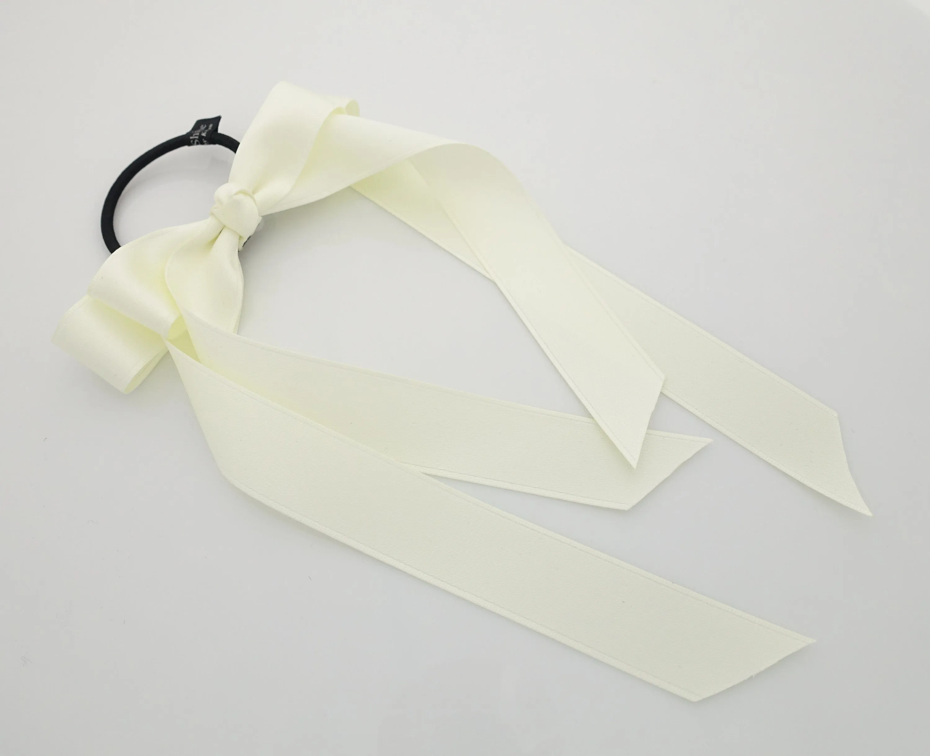 Black cream satin long tail bow hair elastic ponytail holder comb for women