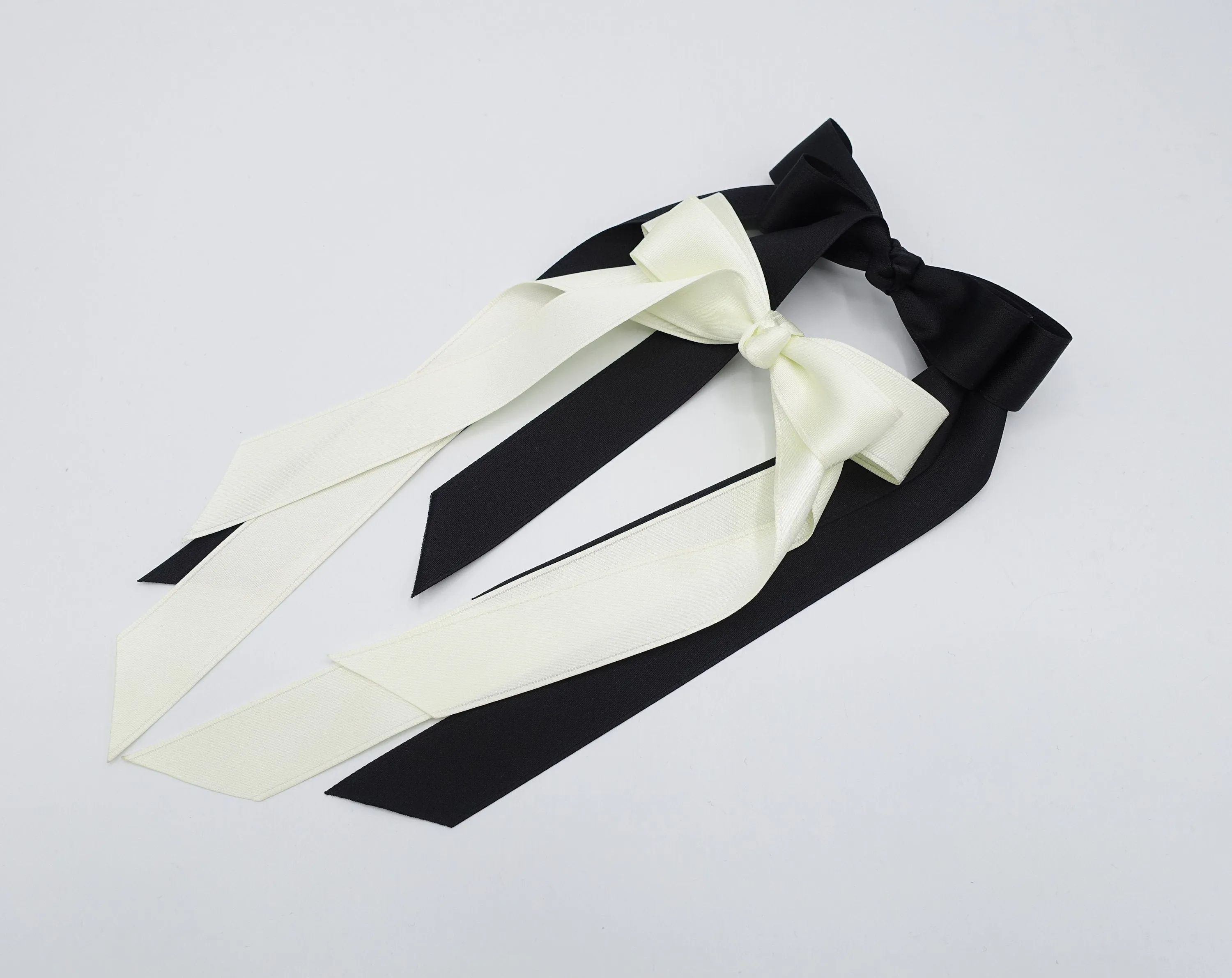 Black cream satin long tail bow hair elastic ponytail holder comb for women