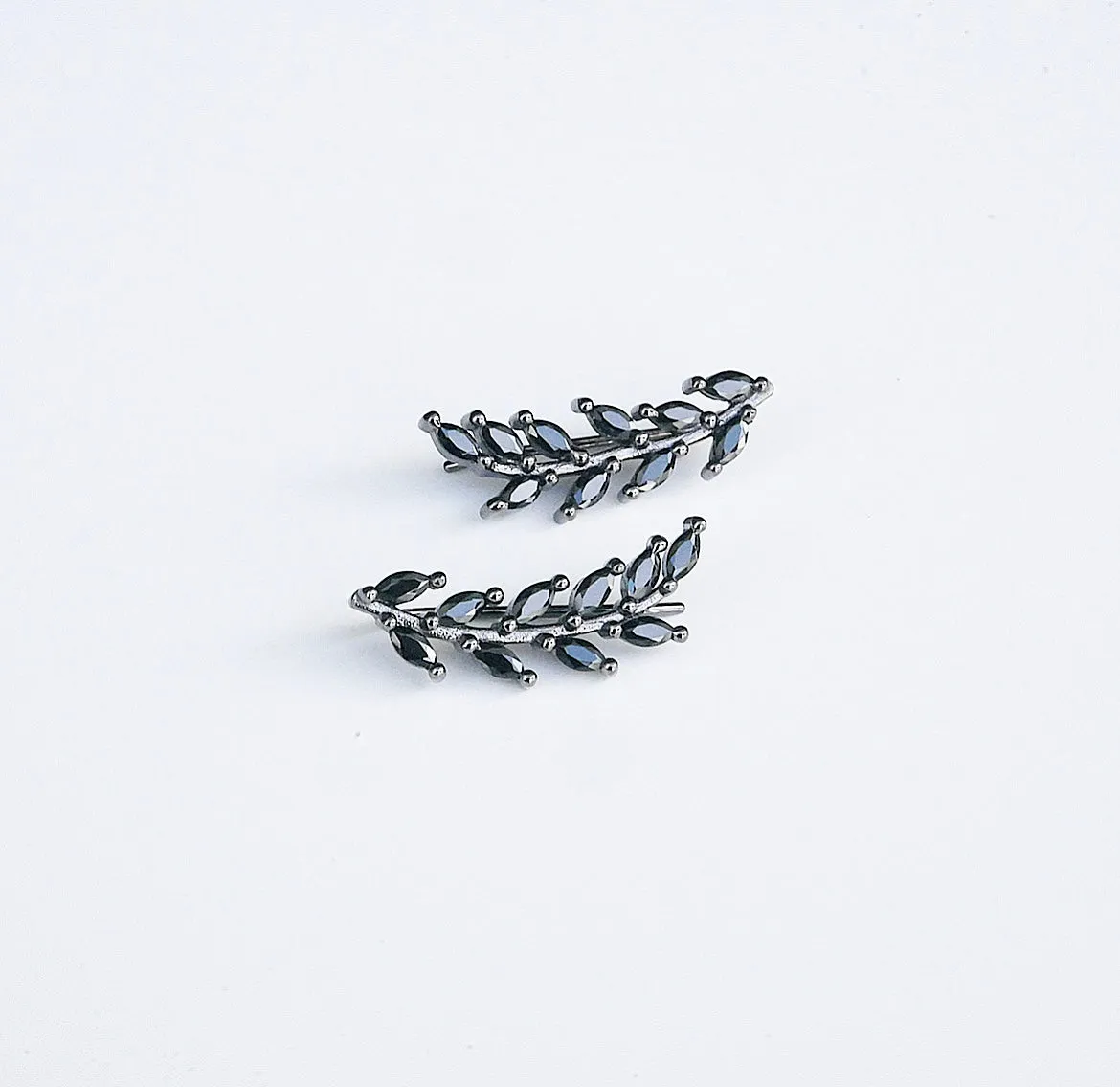 Black Glamorous Leaves CZ Ear Crawler/Pin .925 Sterling Silver Earrings