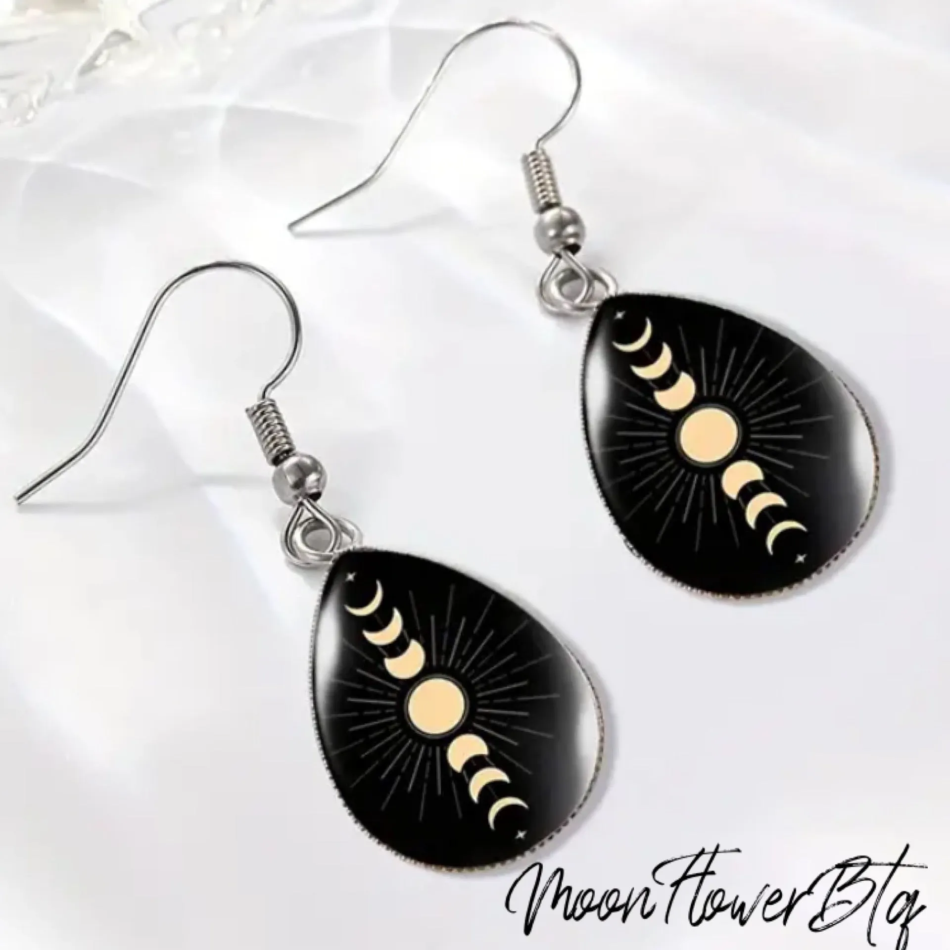 Black Moon Phase Glass Teardrop Dangle Earrings