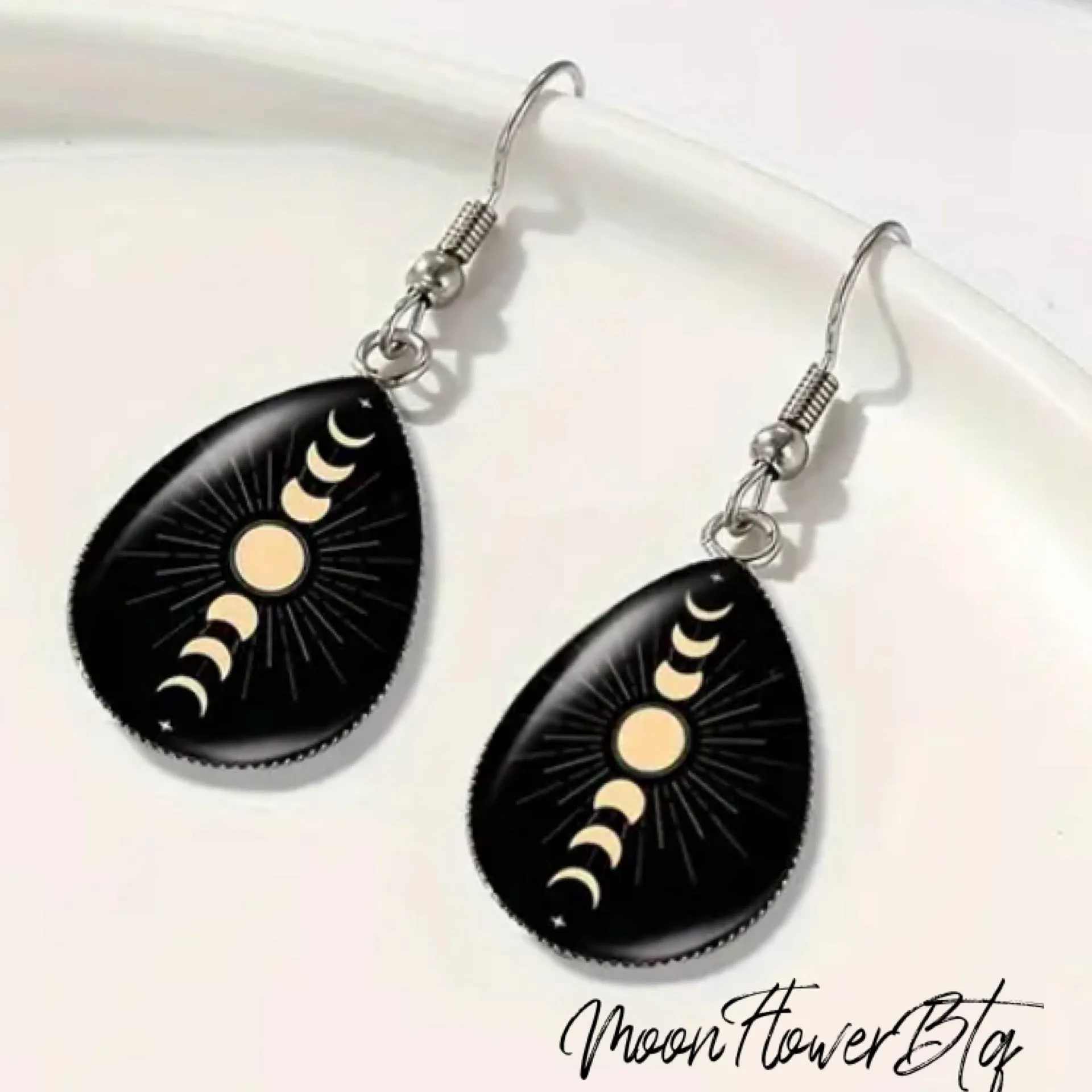 Black Moon Phase Glass Teardrop Dangle Earrings