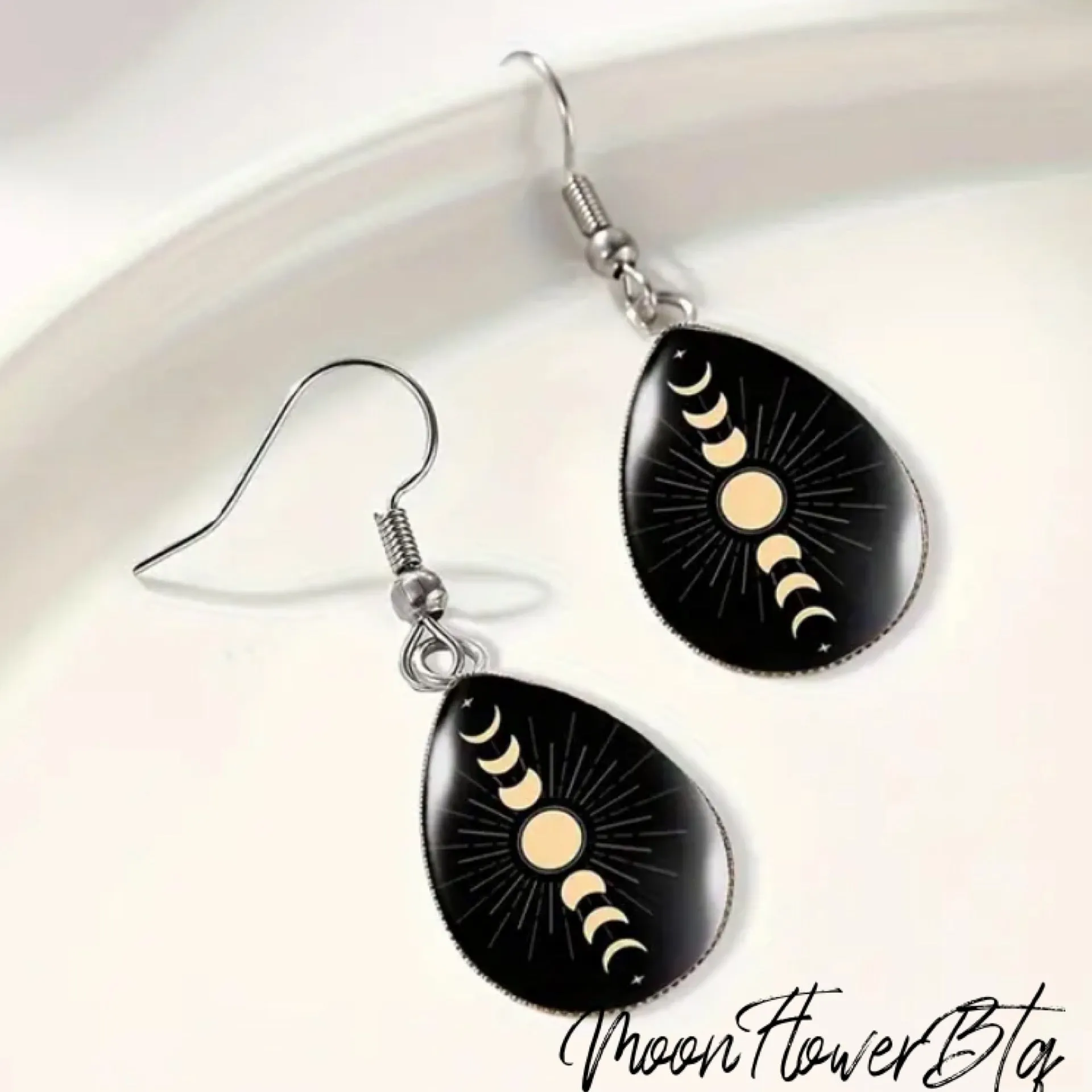 Black Moon Phase Glass Teardrop Dangle Earrings