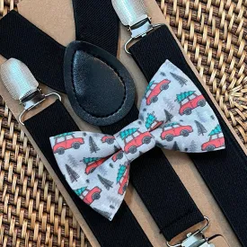 Christmas Tree and Cars Bow Tie & Black Elastic Suspenders Set