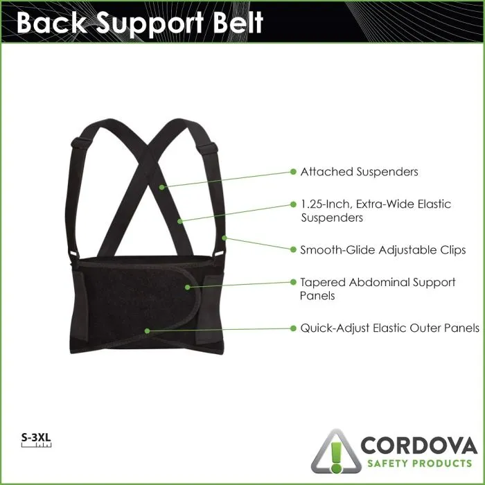 Cordova SB Tapered Back Support Belt with Attached Suspenders, Black, 1 Each