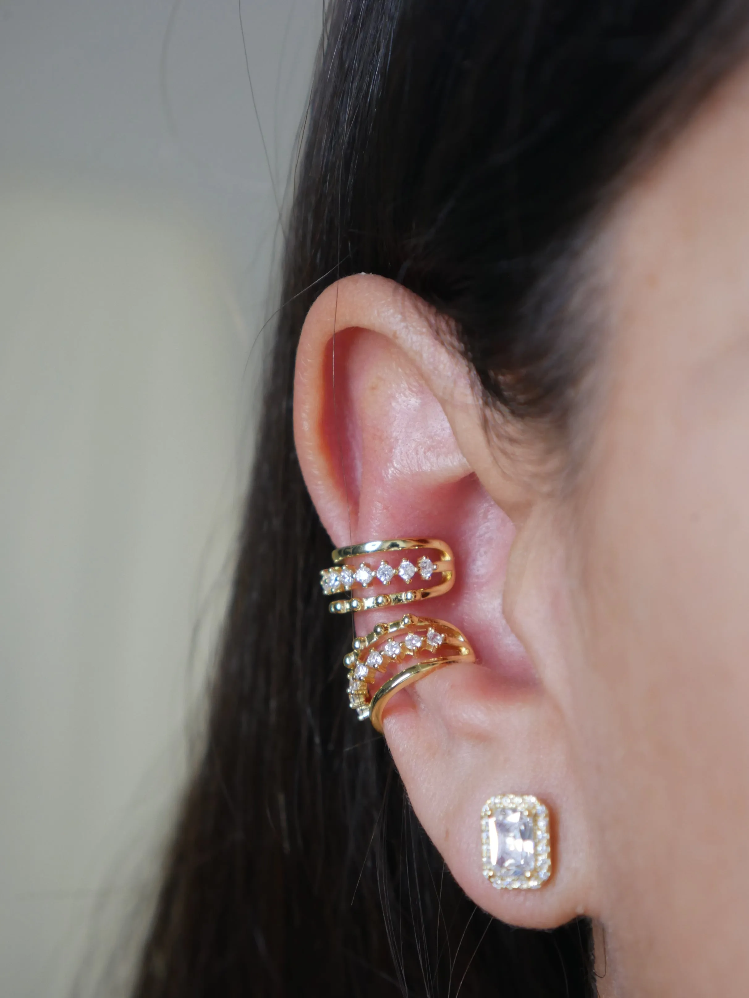 Ear Cuff Earrings, 18k Gold Plated .925 Sterling Silver Diamond CZ Stacked Mid Ear Non Pierced Earrings