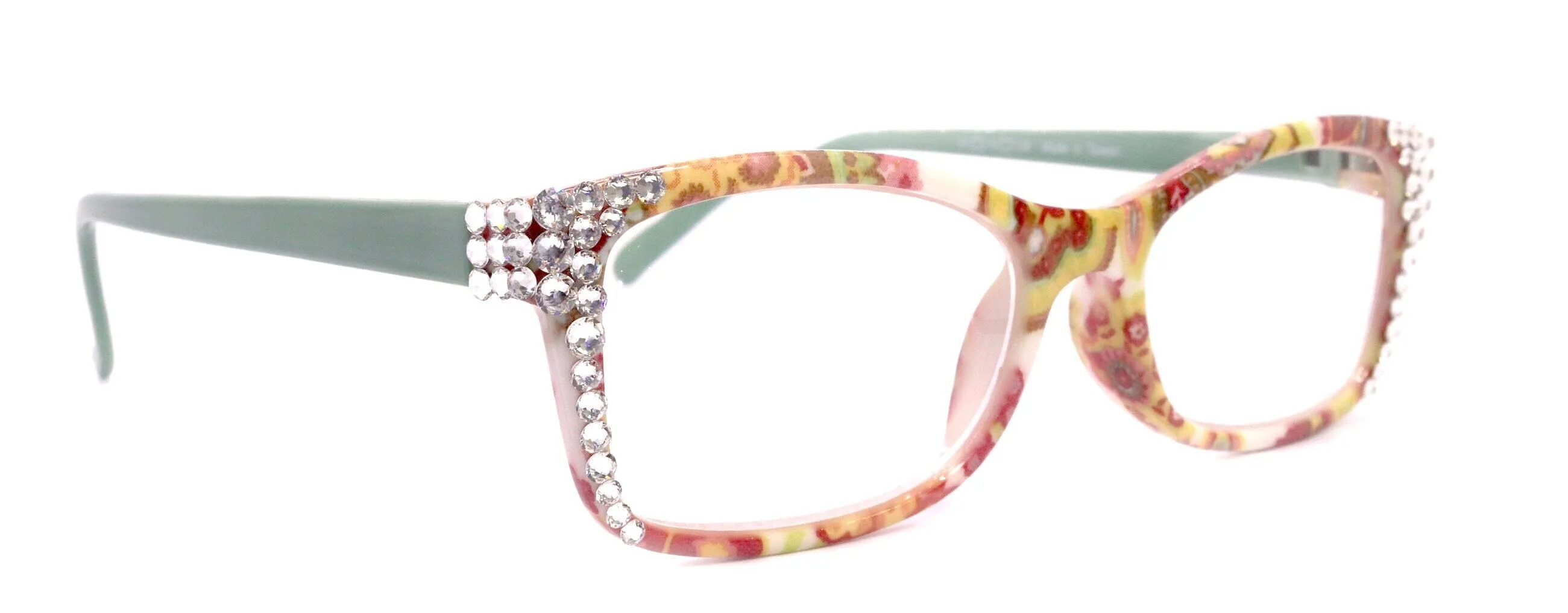 Frida, (Bling) Reading Glasses Women W (Clear, Genuine European Crystals (Green, Pink, White) Square Paisley, NY Fifth Avenue.