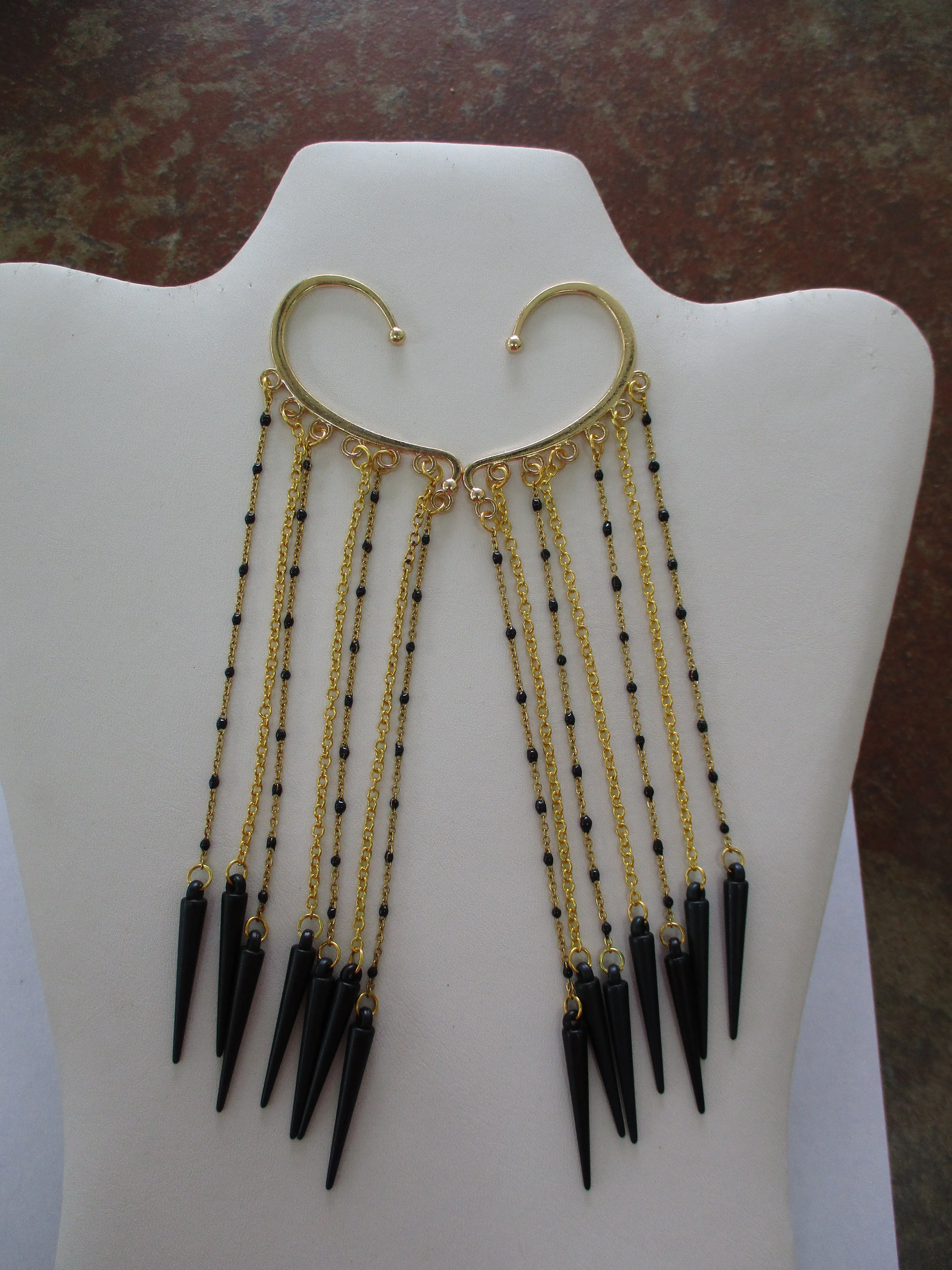 Gold Black Chain, Gold Chain, Black Acrylic Cone Charms Ear Cuffs (EC139)