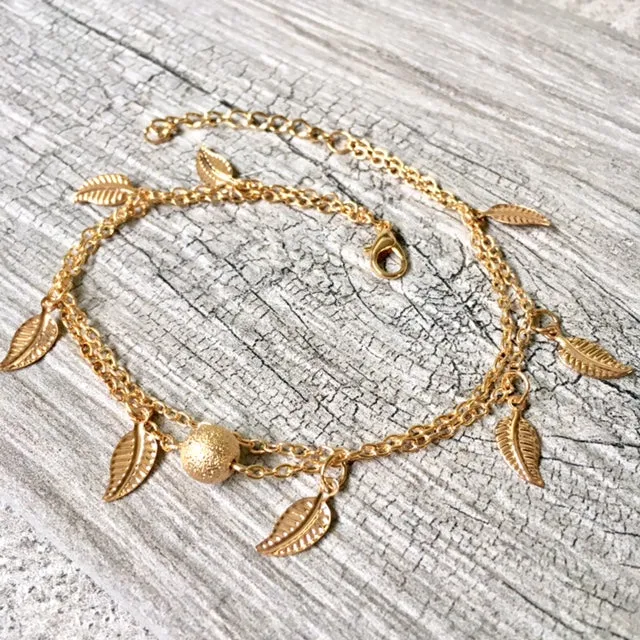 GOLD MULTI LAYER BOHO ANKLET / ANKLE BRACELET WITH LEAF AND BALL DESIGN