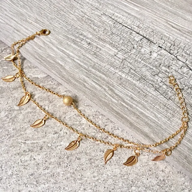 GOLD MULTI LAYER BOHO ANKLET / ANKLE BRACELET WITH LEAF AND BALL DESIGN