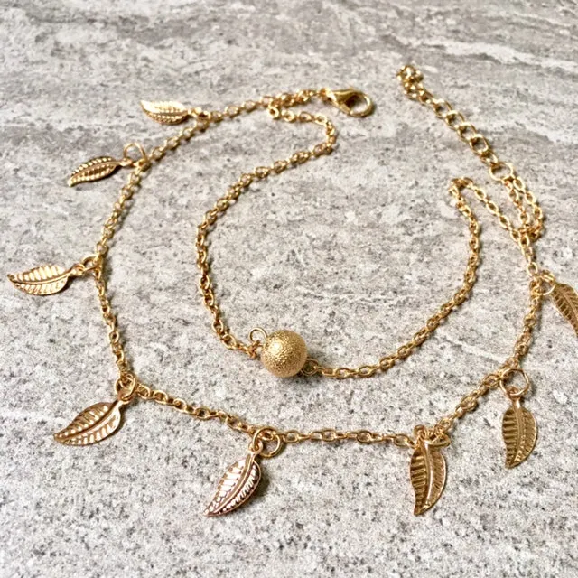 GOLD MULTI LAYER BOHO ANKLET / ANKLE BRACELET WITH LEAF AND BALL DESIGN