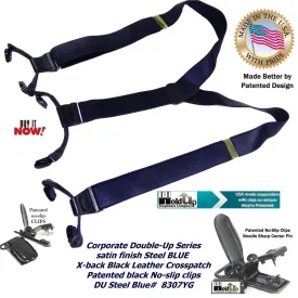 HoldUp Brand Dark Steel Blue Satin Finished Corporate Series Y-back Suspenders in Dual clip Double-Up style