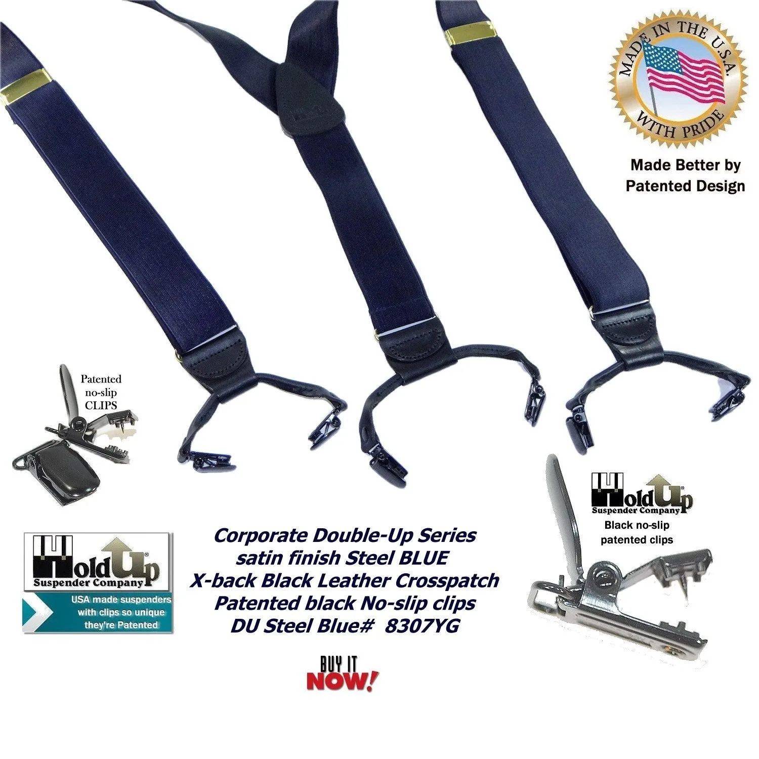 HoldUp Brand Dark Steel Blue Satin Finished Corporate Series Y-back Suspenders in Dual clip Double-Up style