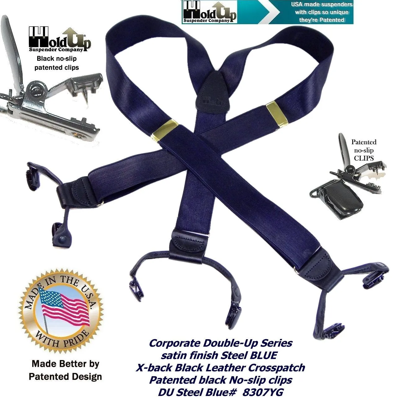 HoldUp Brand Dark Steel Blue Satin Finished Corporate Series Y-back Suspenders in Dual clip Double-Up style