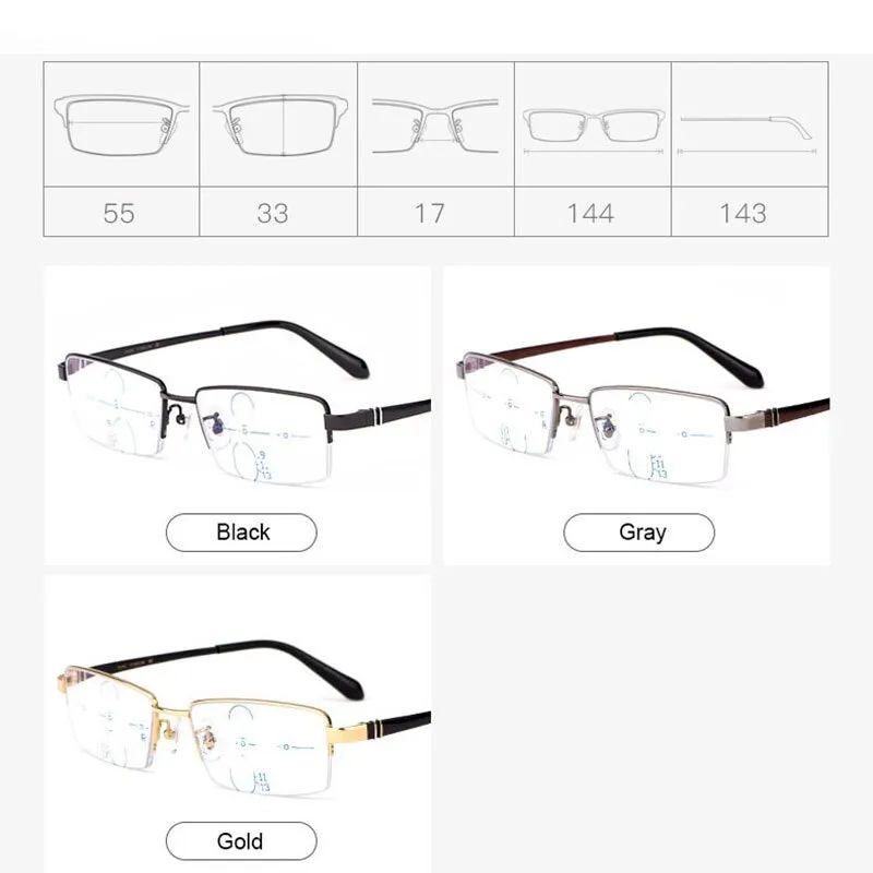 Hotochki Men's Semi Rim Titanium Frame Progressive Lens Reading Glasses Anti Blue Light 1688