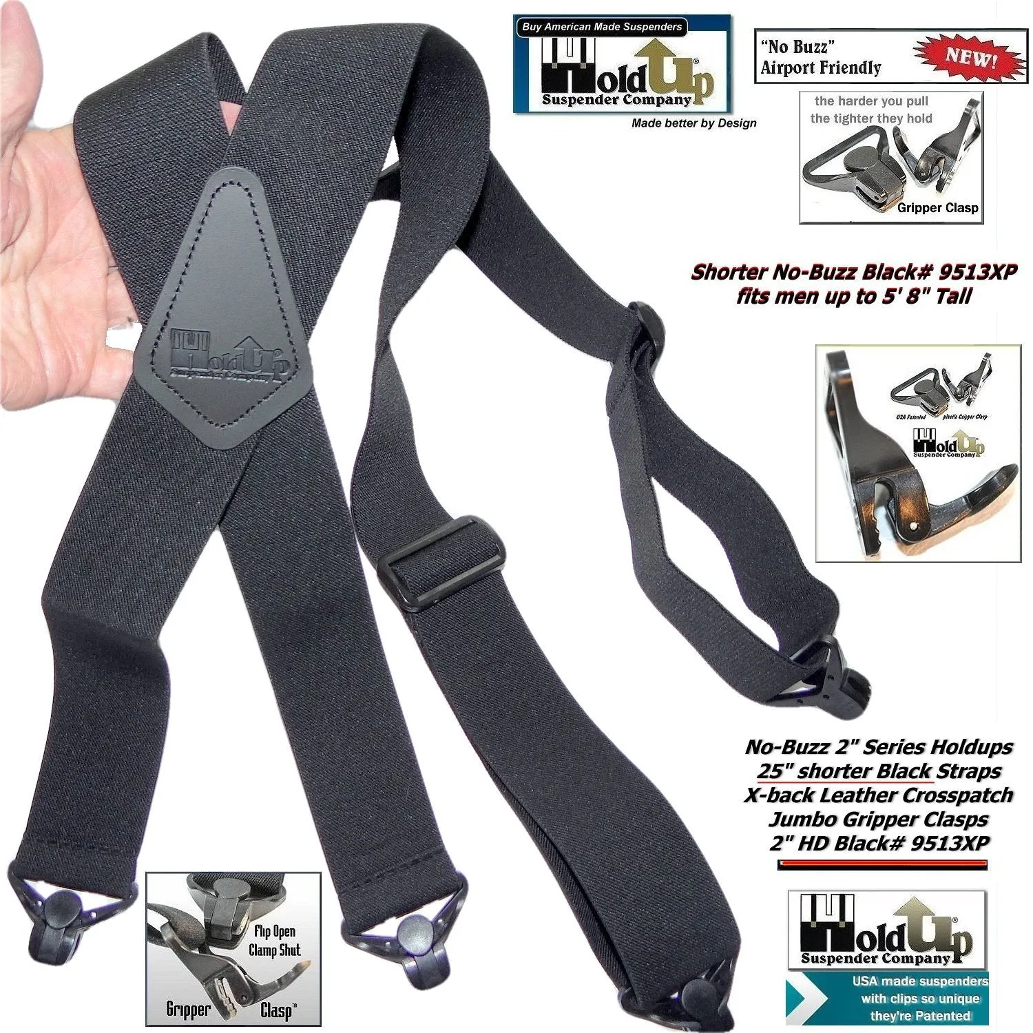 No-buzz HoldUp Airport Friendly 2" Wide 48" long Black X-back Suspenders with Patented Black Gripper Clasps