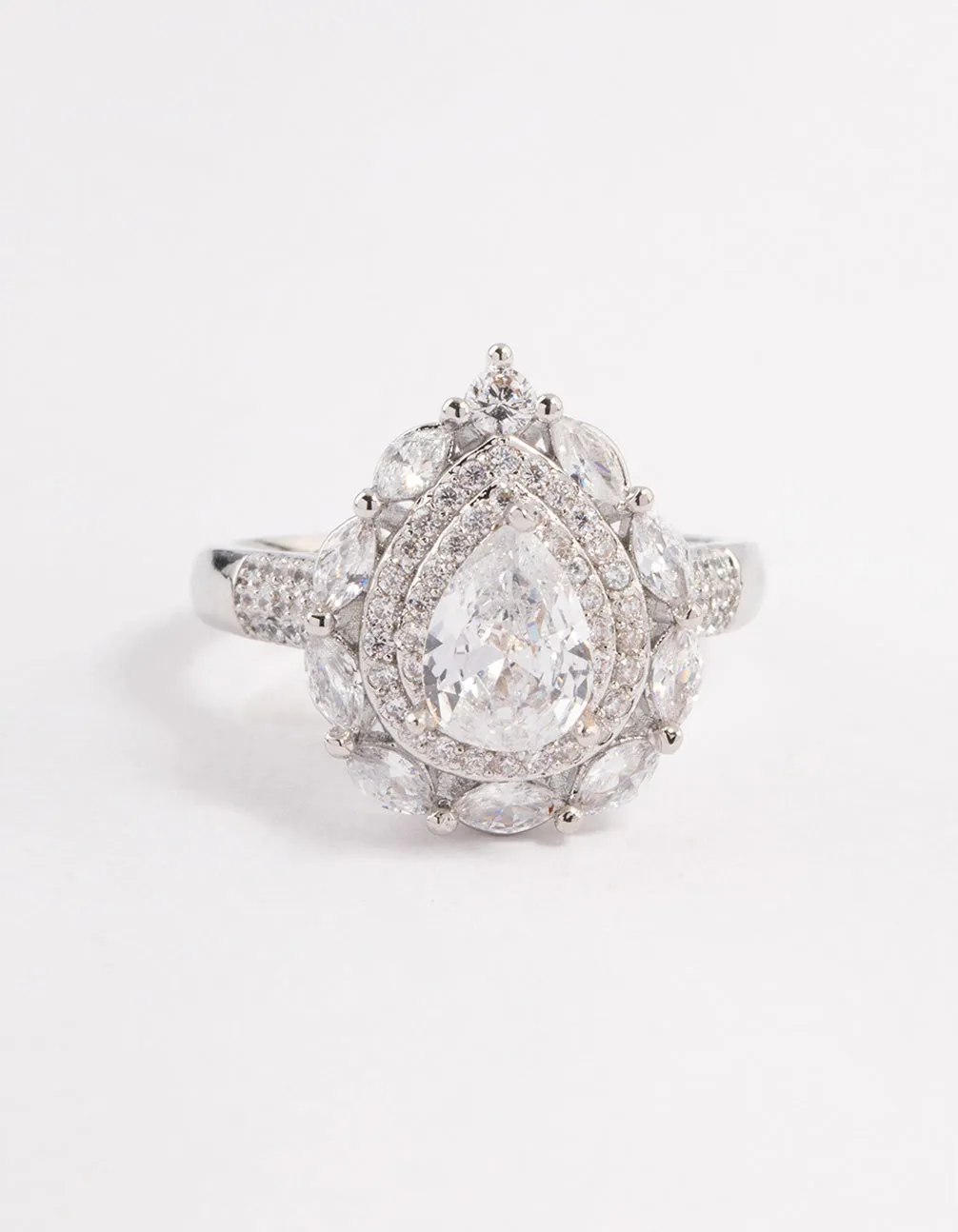 Rhodium Flare Pear Cubic Zirconia Ring