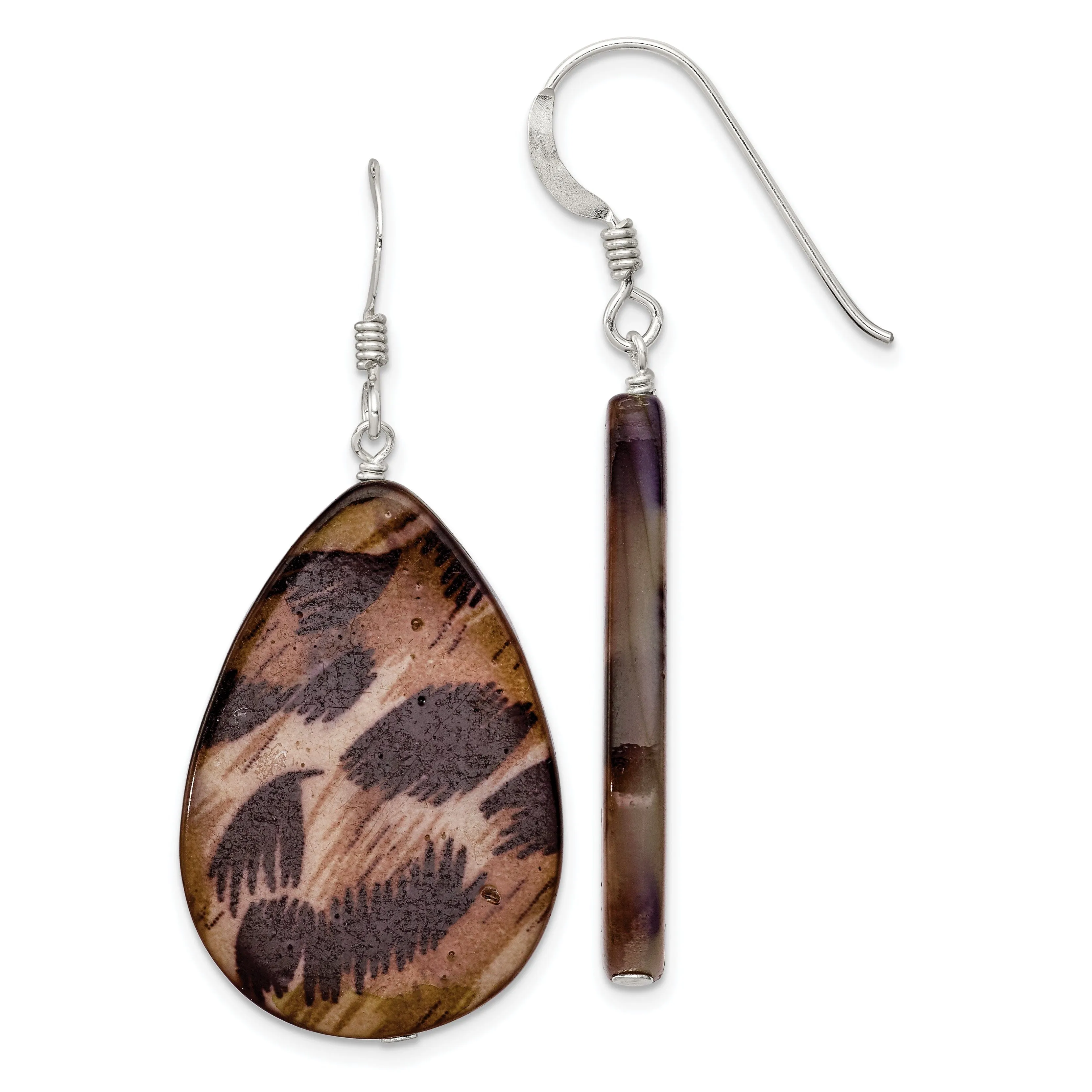 Silver Pearl Brown Tiger Tear Dangle Earrings