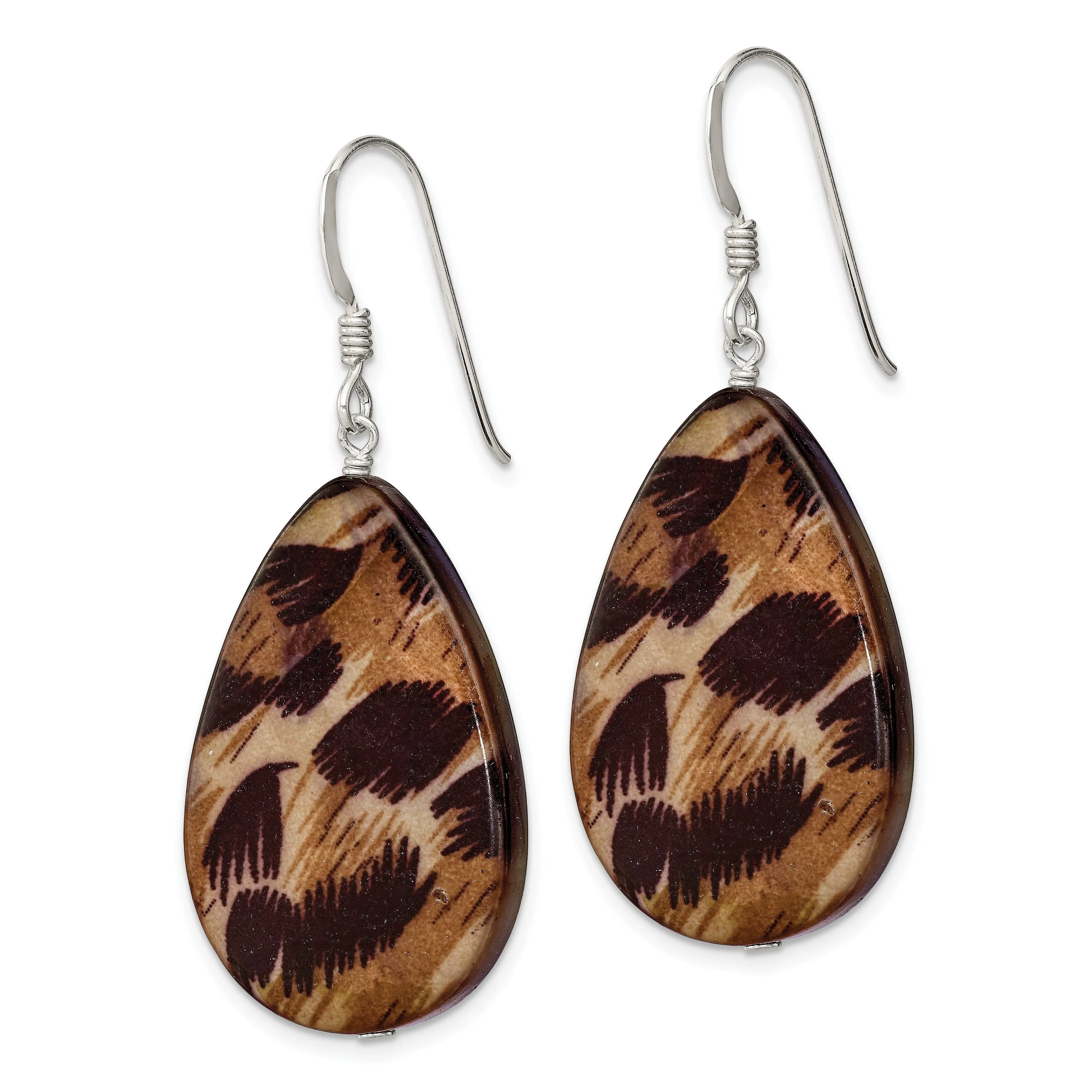 Silver Pearl Brown Tiger Tear Dangle Earrings