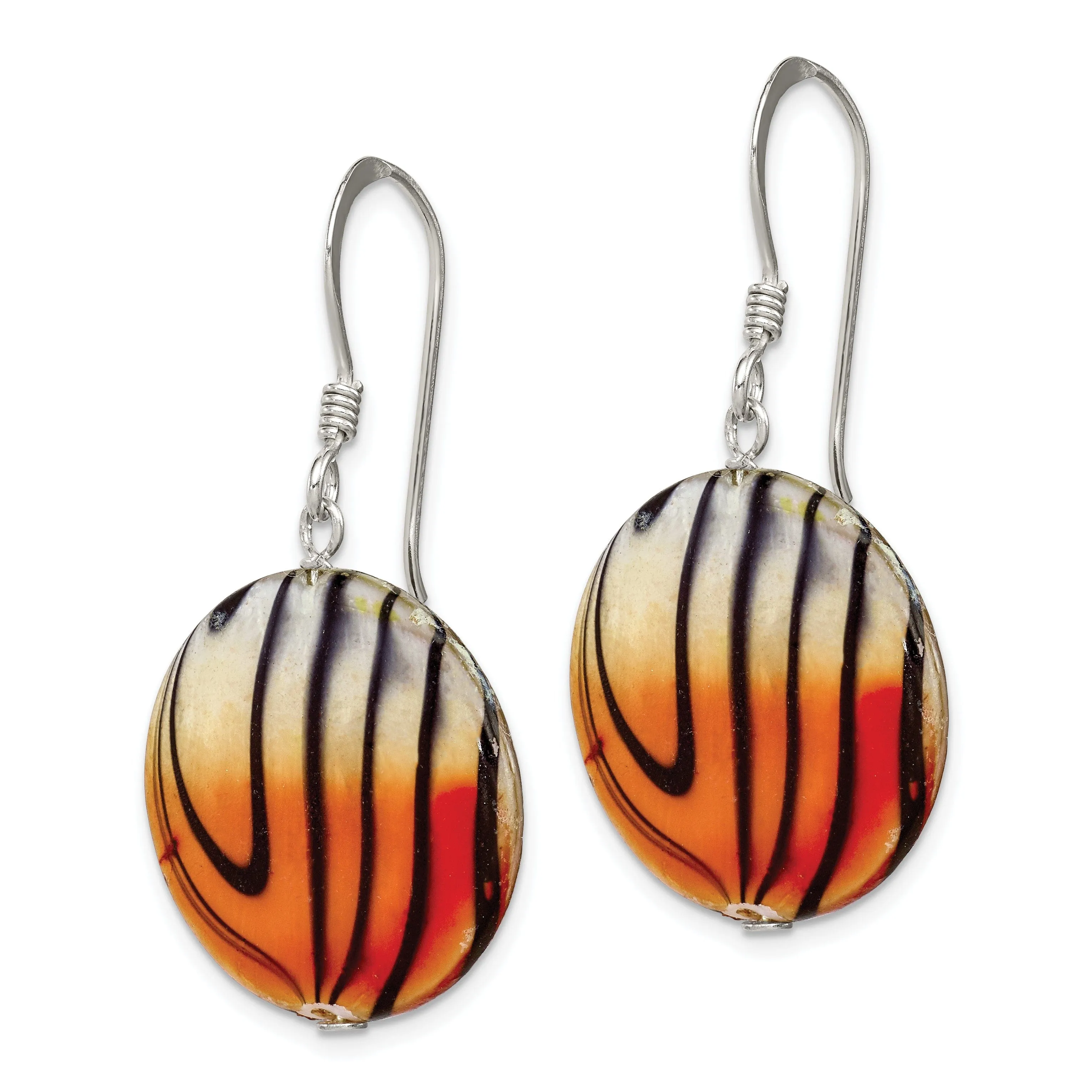 Silver Pearl Orange Black Disc Dangle Earrings