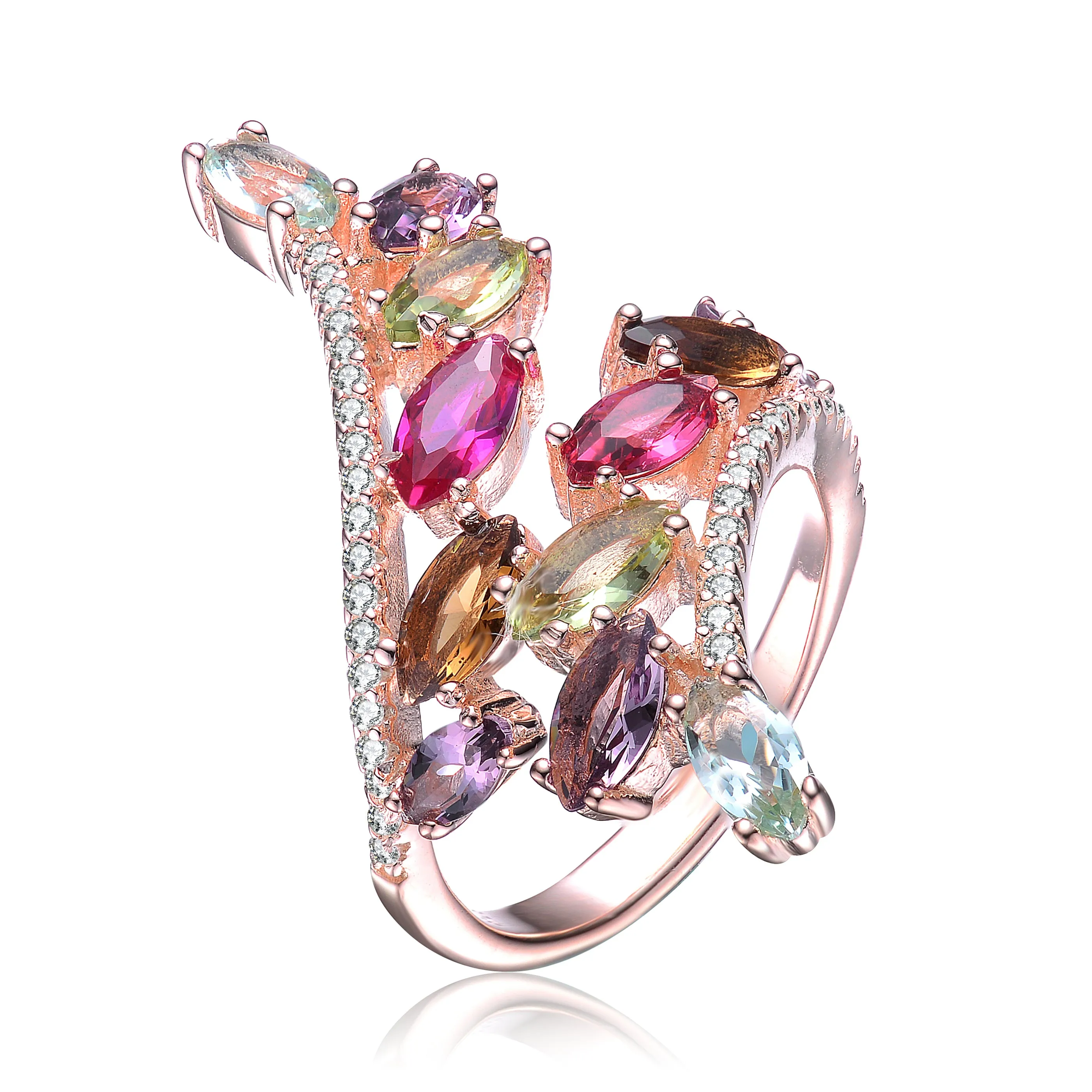 Sterling Silver 18K Rose Gold Plated Multi Colored Cubic Zirconia Cocktails Ring