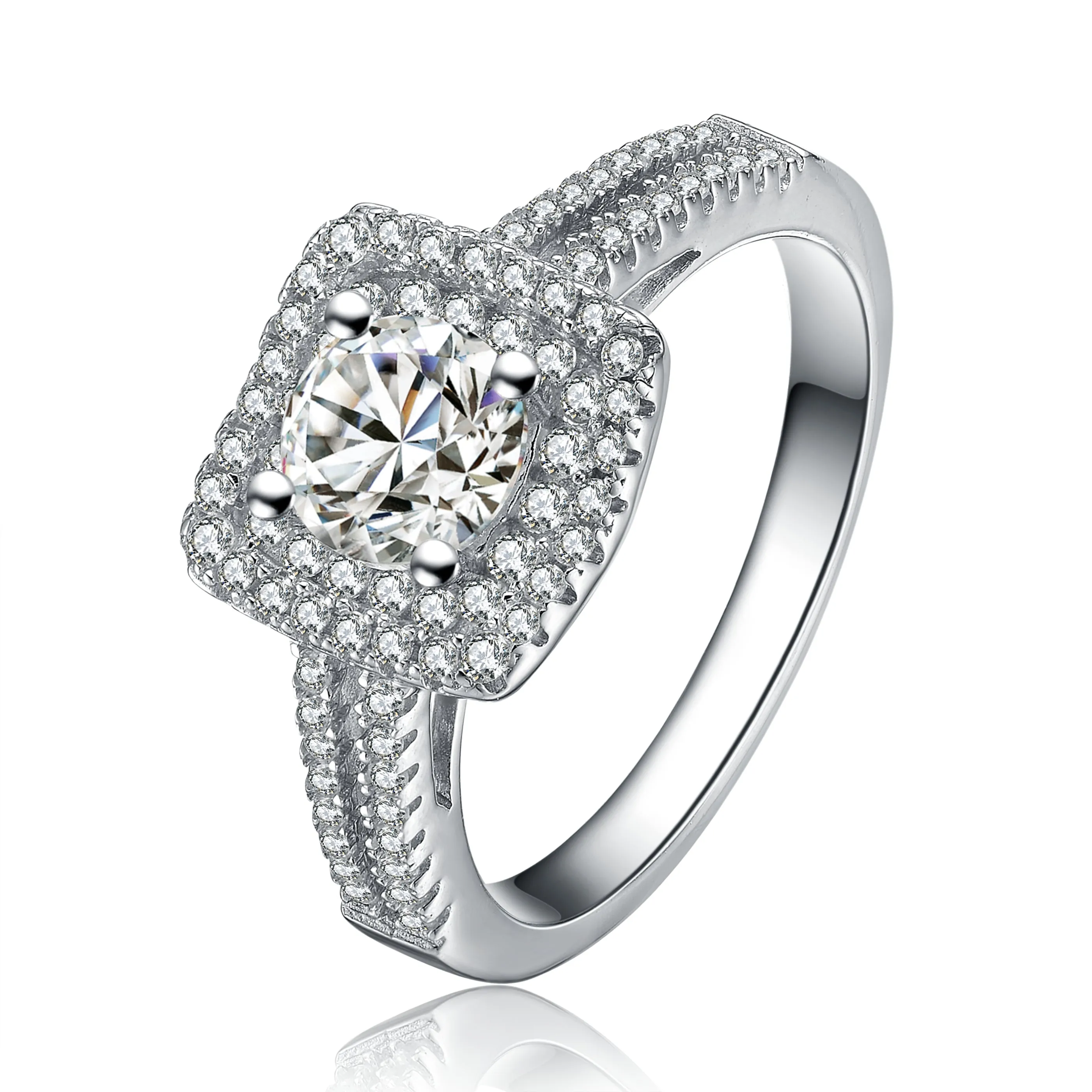 Sterling Silver Cubic Zirconia Halo Radiant Cut Ring