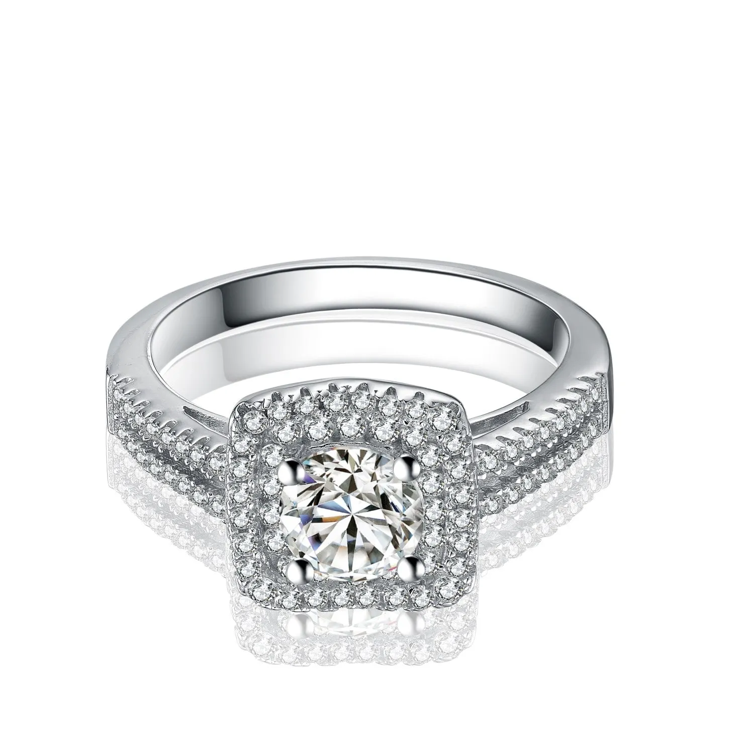 Sterling Silver Cubic Zirconia Halo Radiant Cut Ring