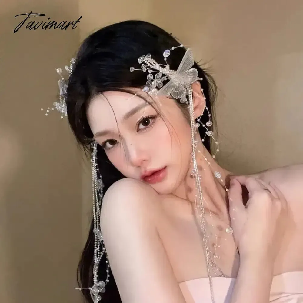 TAVIMART Crystal Hairpin Butterfly Tassel Pair Clip Korean Bridal Headdress Women Hair Decoration Wedding Hair Accessories Headwear