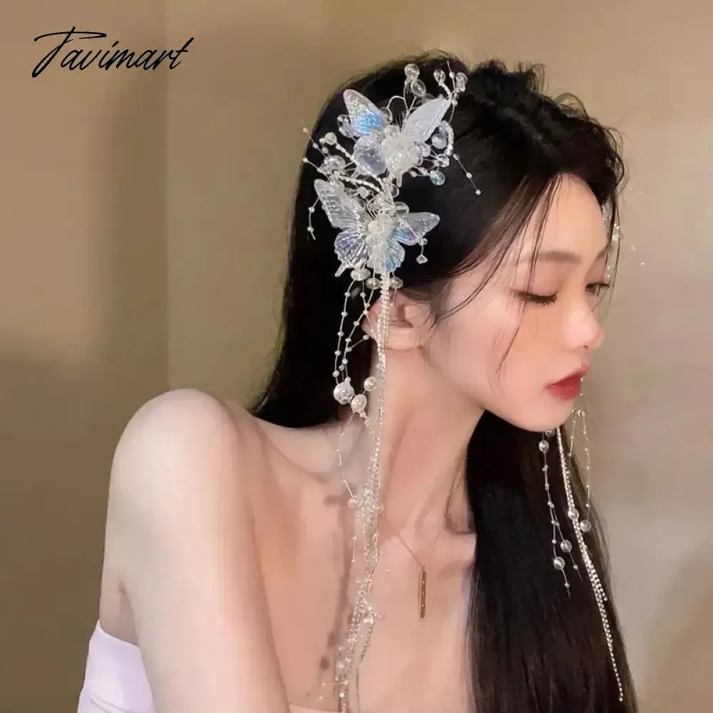 TAVIMART Crystal Hairpin Butterfly Tassel Pair Clip Korean Bridal Headdress Women Hair Decoration Wedding Hair Accessories Headwear