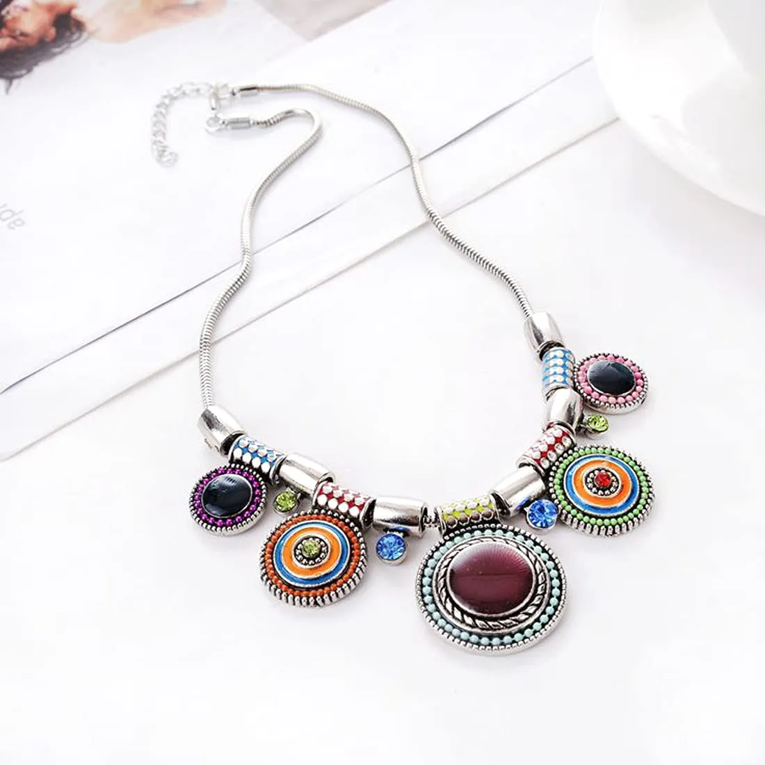 Yellow Chimes Latest Fashion Silver Plated Multicolour Circle Design Charm Locket Choker Necklace for Women and Girls, Silver, Multicolour, Medium