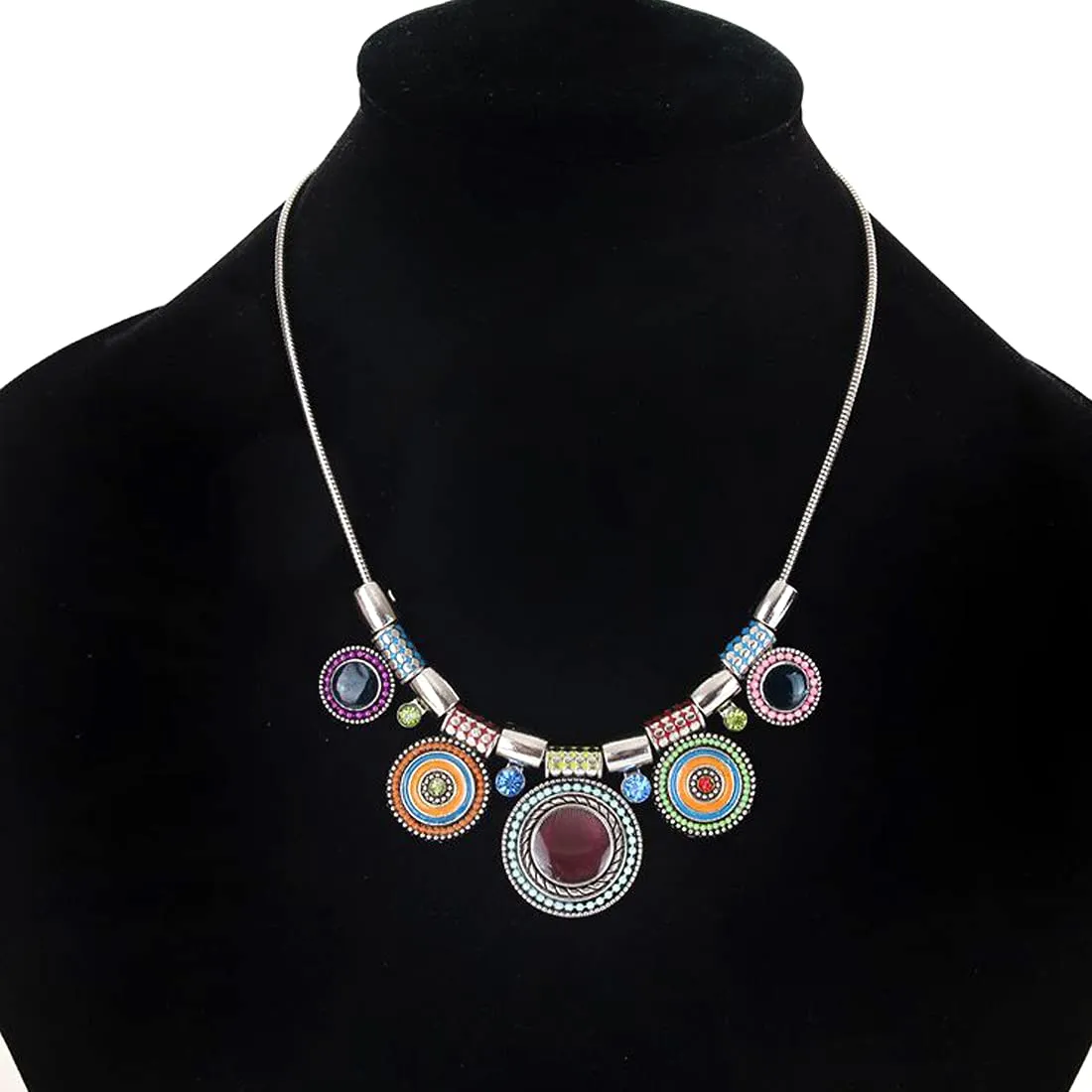 Yellow Chimes Latest Fashion Silver Plated Multicolour Circle Design Charm Locket Choker Necklace for Women and Girls, Silver, Multicolour, Medium